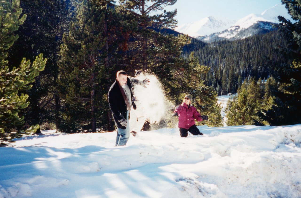 Jen and Dave snow fight